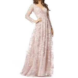 NWT Mac Duggal 70224 Floral Applique Long Sleeve Illusion Gown Rose Pink Size 4